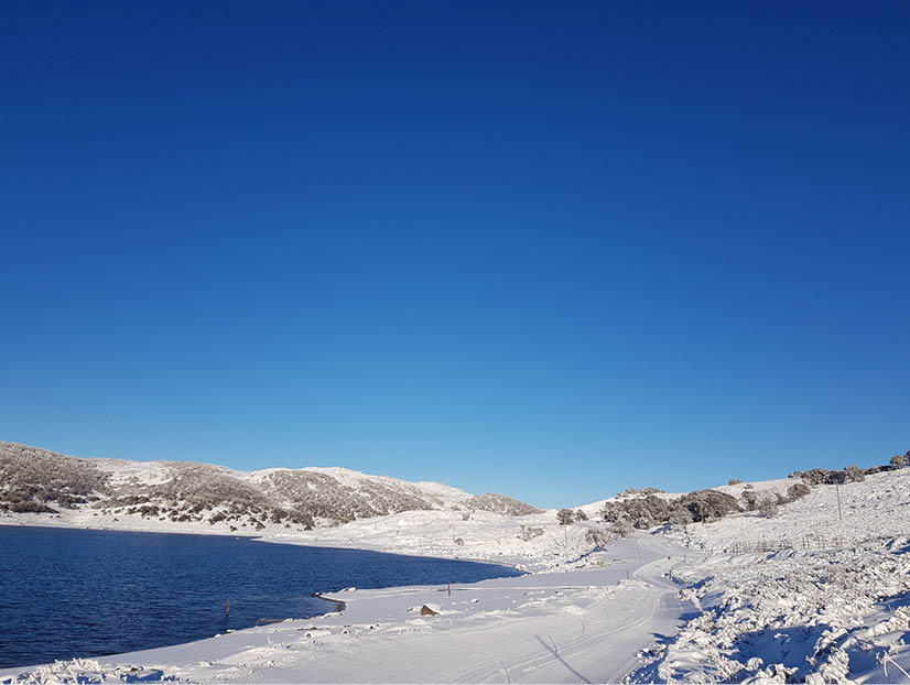 Early season cross country skiing alongside the Rock Valley Dam at Falls Creek